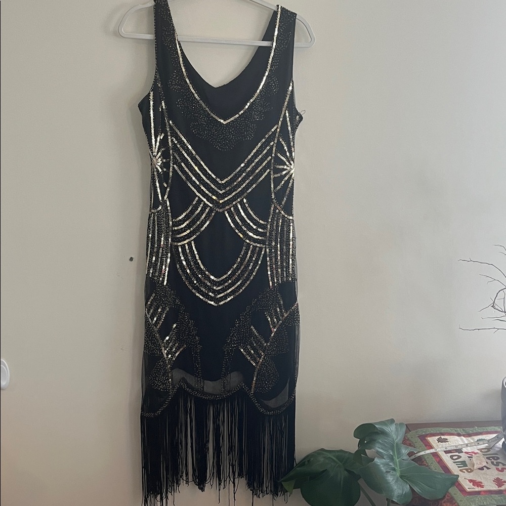 Black Beaded Fringe Evening Dress